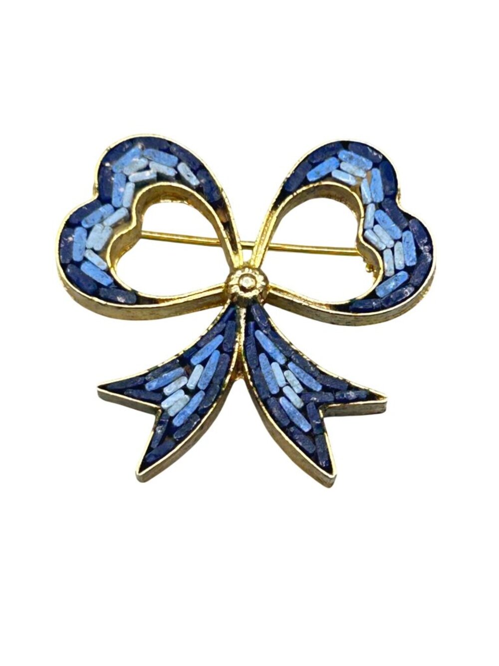 Vintage Micro Mosaic Pin Brooch Unusual Bow Shaped Blue Tone Made In Italy